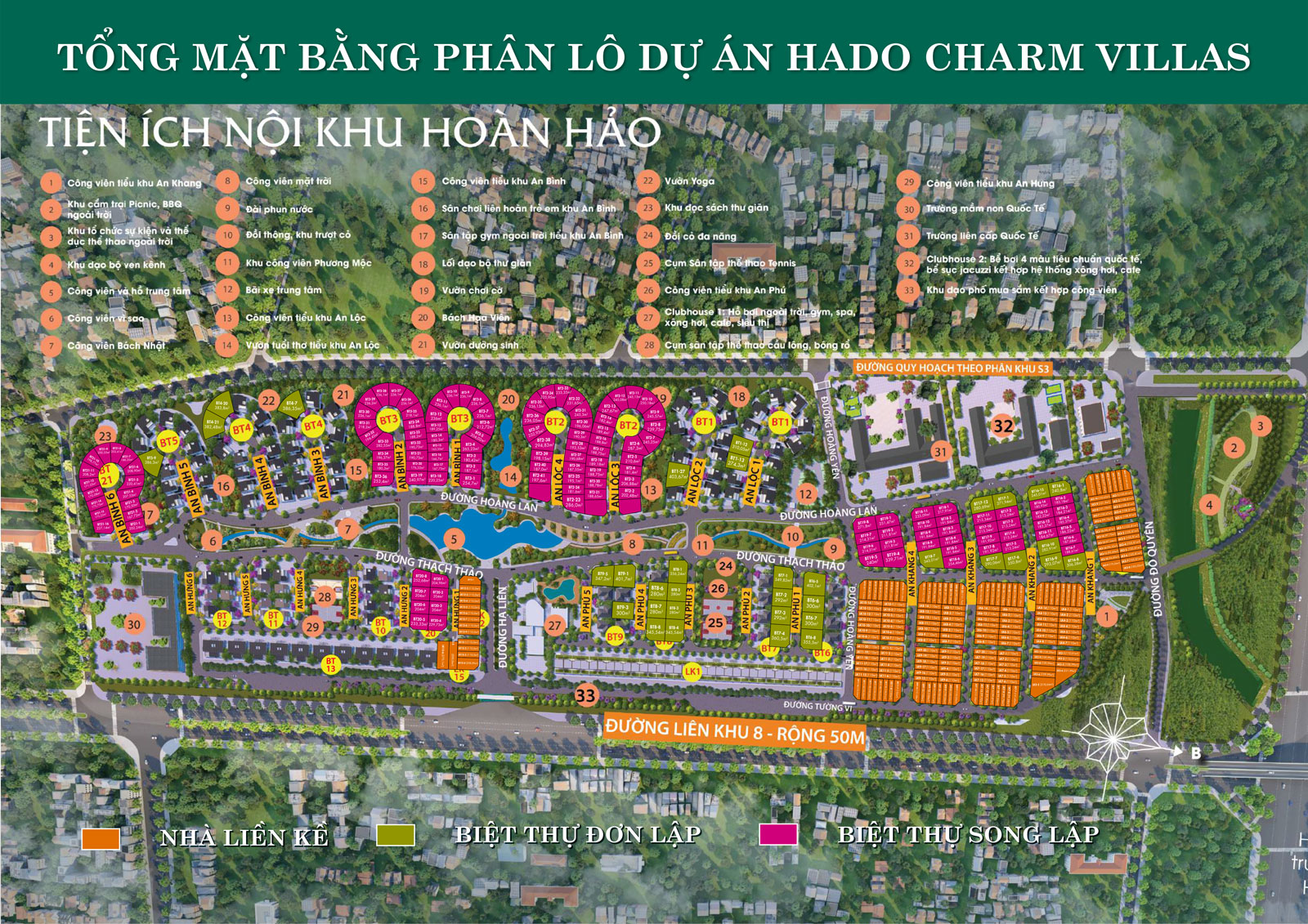 Sơ đồ quy hoạch tổng thể các phân khu nhà ở, công viên và hồ trung tâm